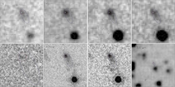 Imágenes tomadas con los telescópios Gemini, Hubble y Spitzer de la galaxia enana, que es el anfitrión de FRB 121102. Las imágenes del HST, en particular, revelan un nudo de formación estelar situada en las regiones exteriores de la galaxia, coincidente con la localización de la radiofuente ultra-rápida.